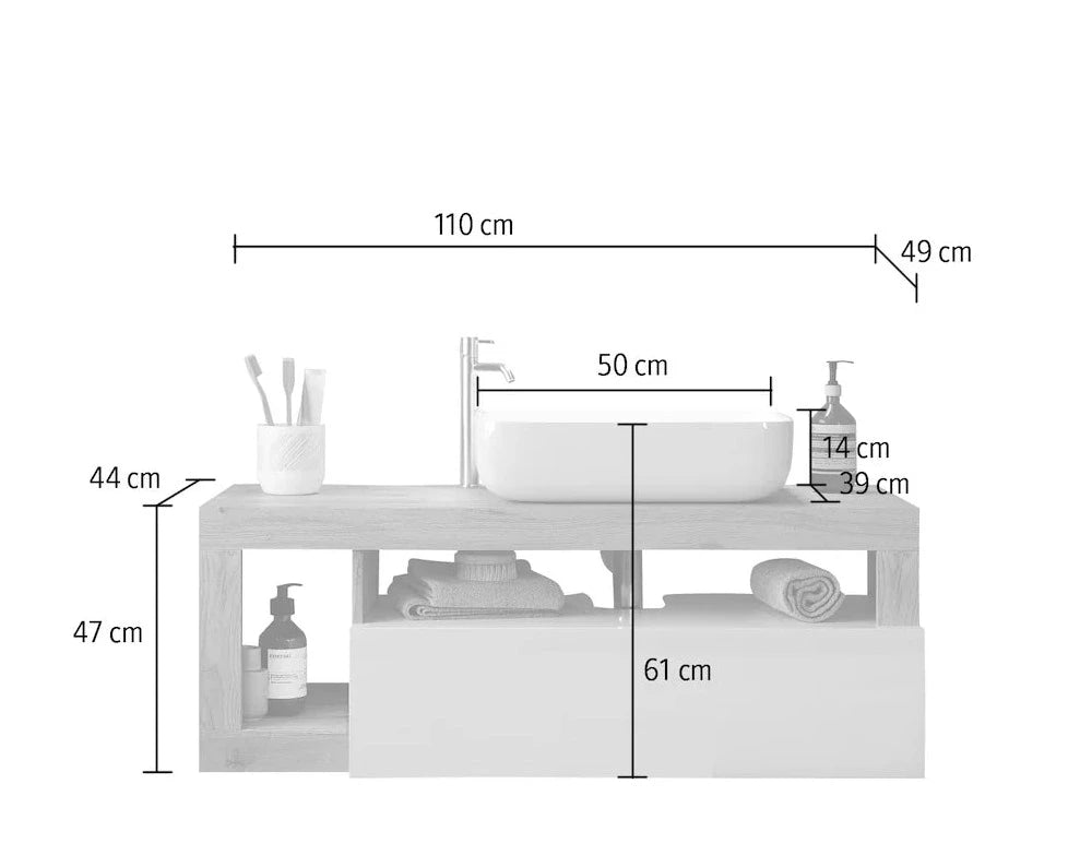 Lorenzo White Gloss & Cadiz Oak 1 Drawer 1100mm Wall Hung Vanity Unit with Basin - FurniComp