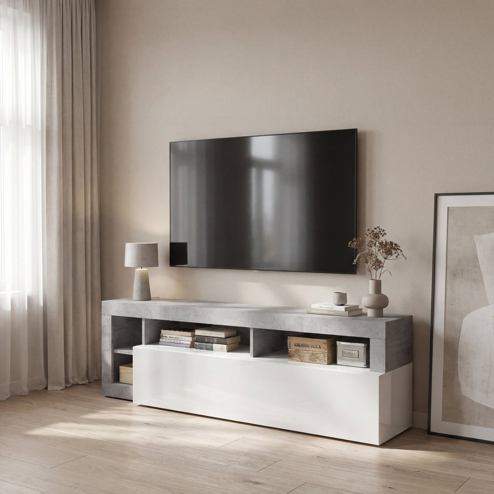 Lorenzo 184cm White Gloss and Concrete Grey TV Stand - FurniComp