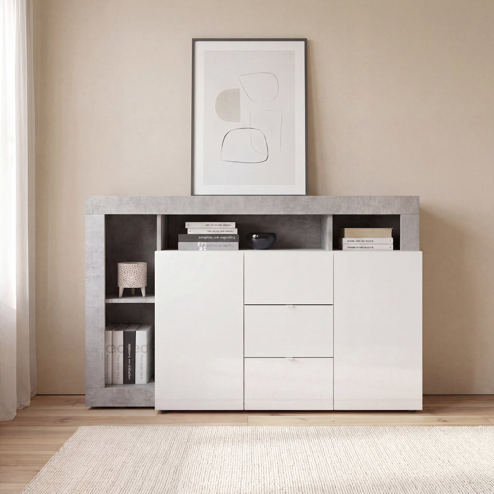 Lorenzo 2 Door 3 Drawer White Gloss and Concrete Grey Sideboard - FurniComp