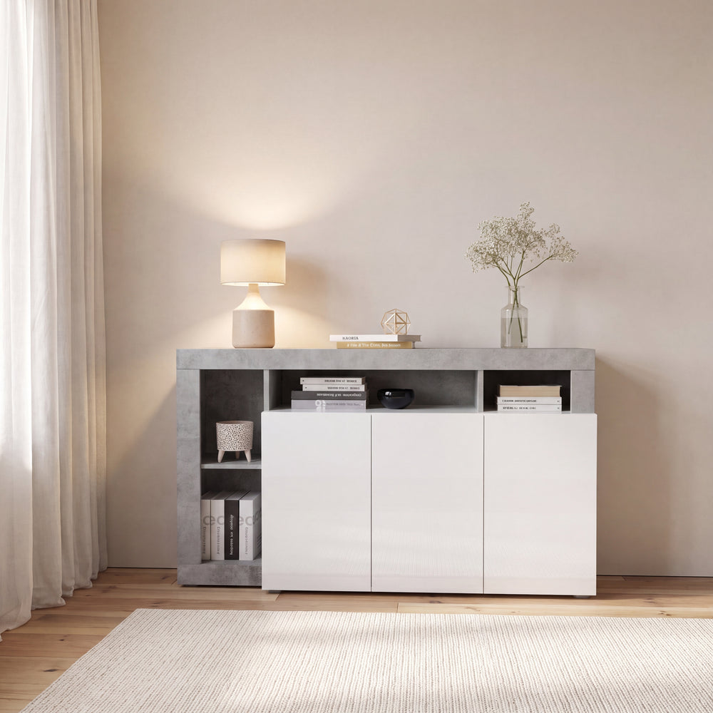 Lorenzo 3 Door White Gloss and Concrete Grey Sideboard - FurniComp