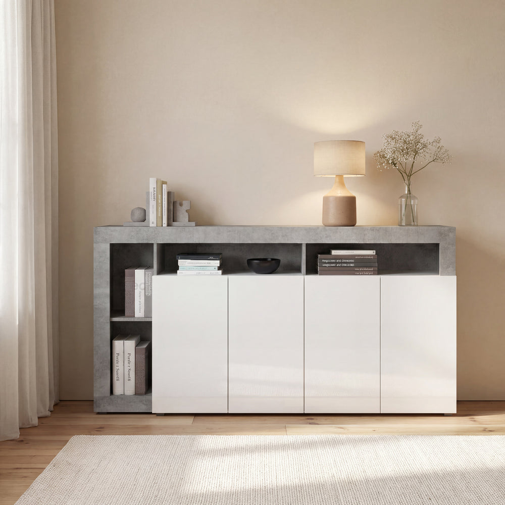 Lorenzo 4 Door White Gloss and Concrete Grey Sideboard - FurniComp