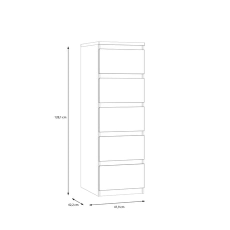 Alaska 5 Drawer Tall Chest of Drawers - White Gloss - FurniComp