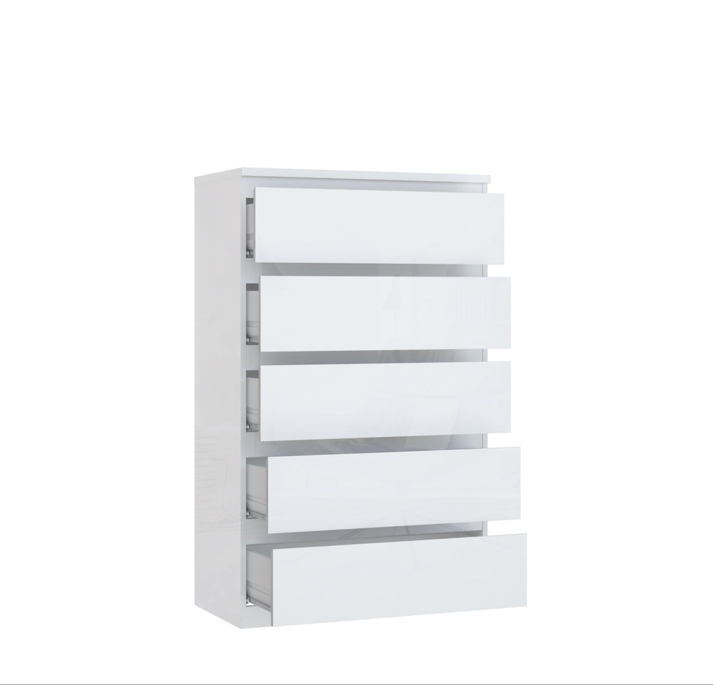 Alaska 5 Drawer Wide Chest of Drawers - White Gloss - FurniComp