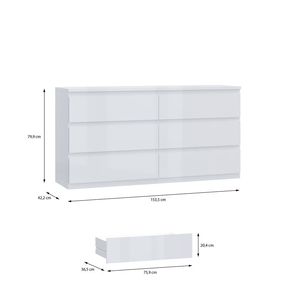 Alaska 6 Drawer Wide Chest of Drawers - White Gloss - FurniComp