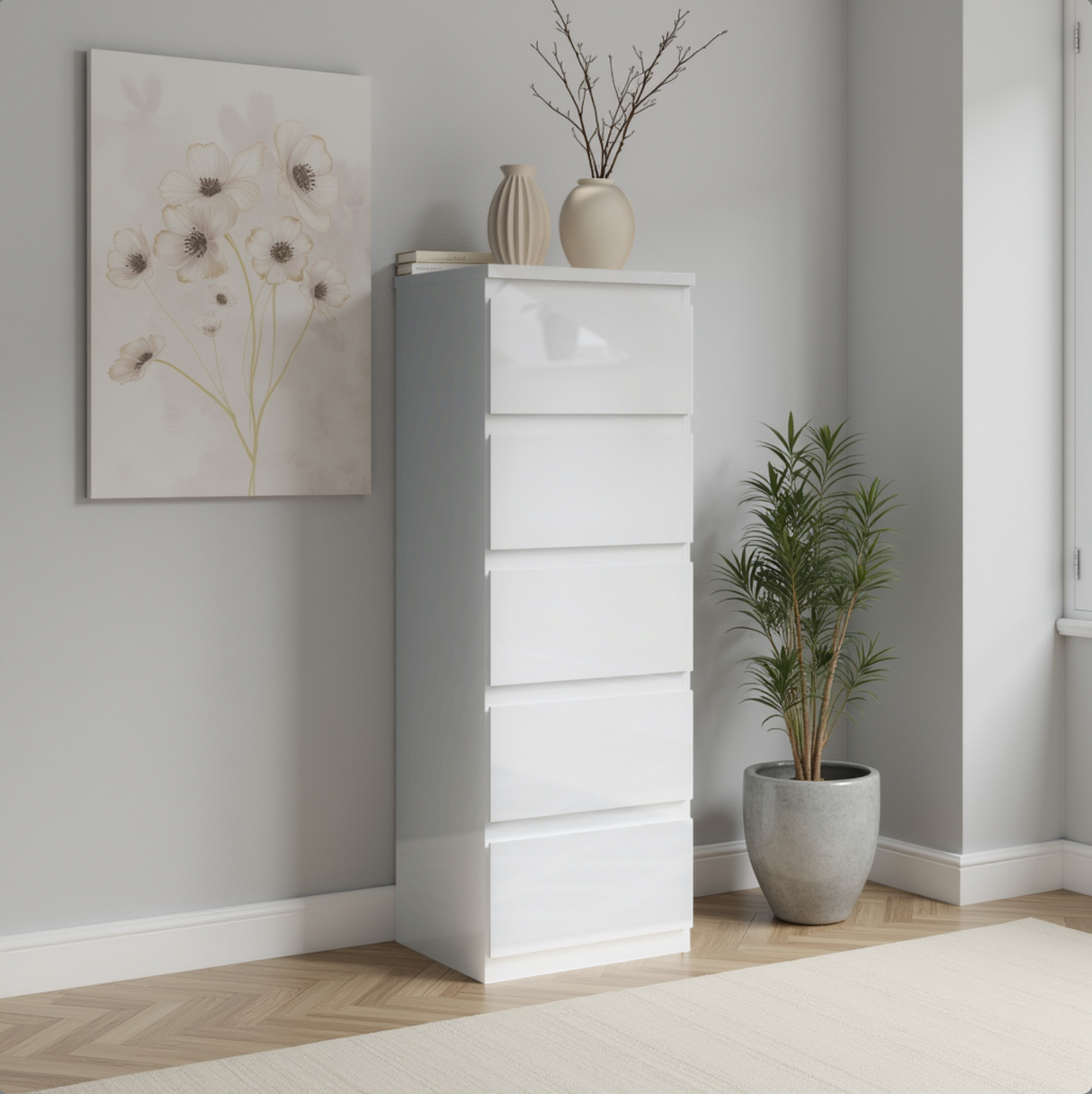 Alaska 5 Drawer Tall Chest of Drawers - White Gloss - FurniComp