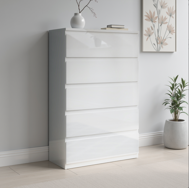 Alaska 5 Drawer Wide Chest of Drawers - White Gloss - FurniComp