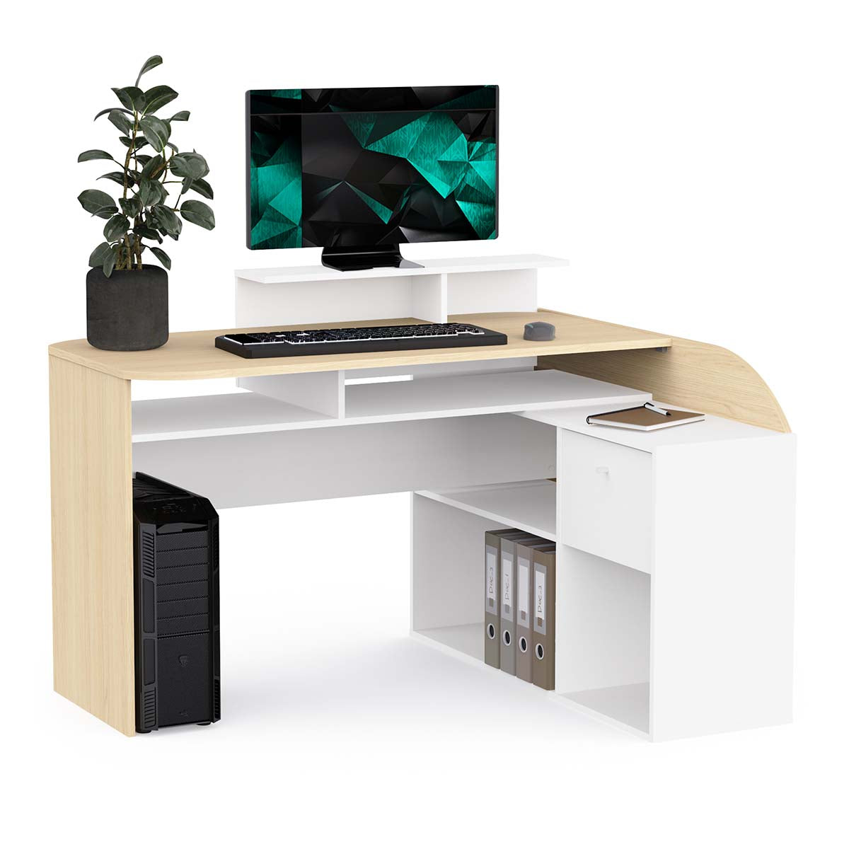 Archie 1 Drawer L-Shaped Corner Office Desk With Hutch - Matt White & Oak - FurniComp