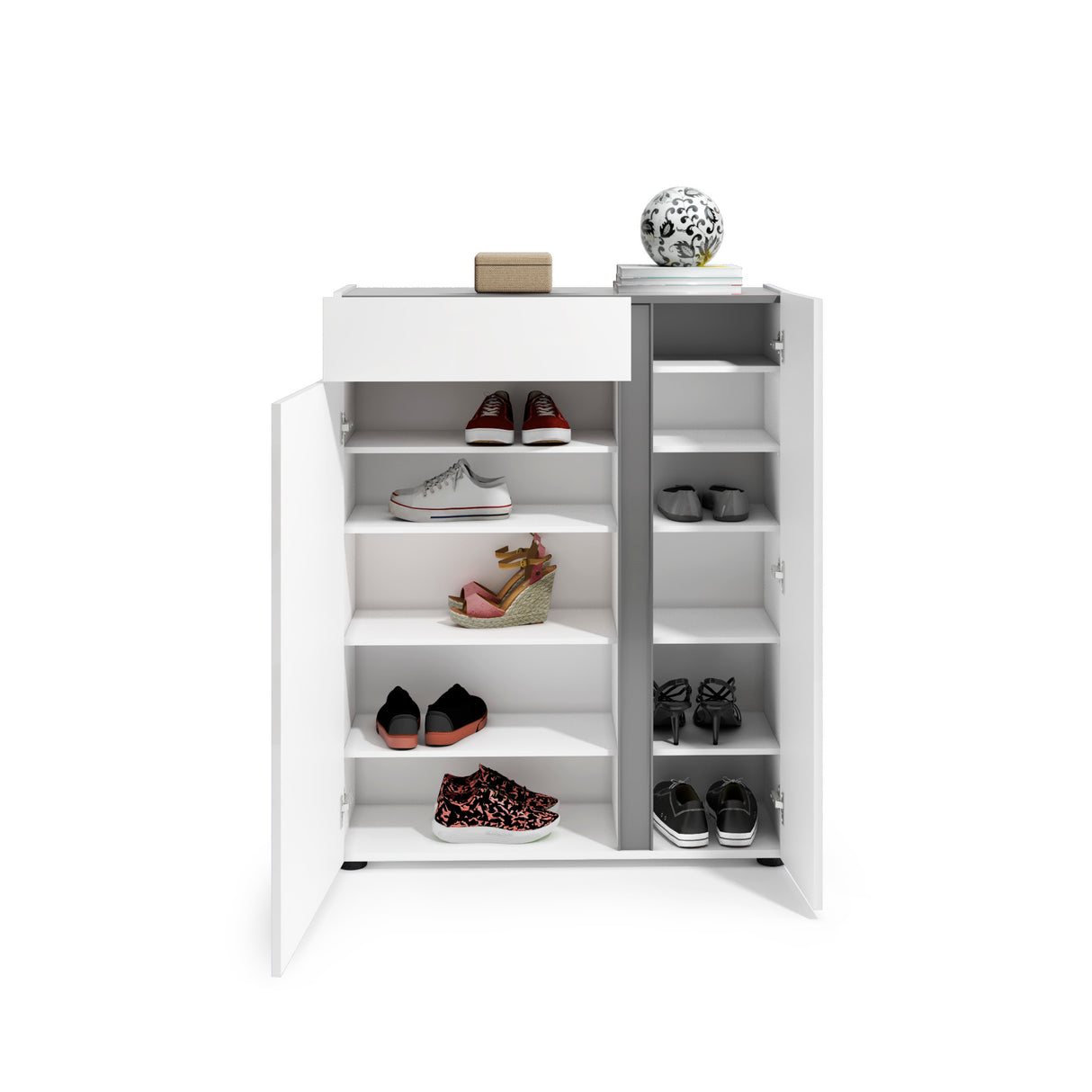 Athens 2 Door 1 Drawer White Gloss and Anthracite 20 Pair Shoe Cabinet - FurniComp