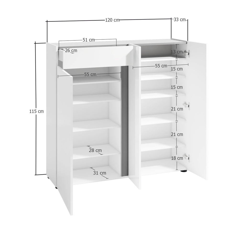 Athens 3 Door 1 Drawer White Gloss and Anthracite 30 Pair Shoe Cabinet - FurniComp