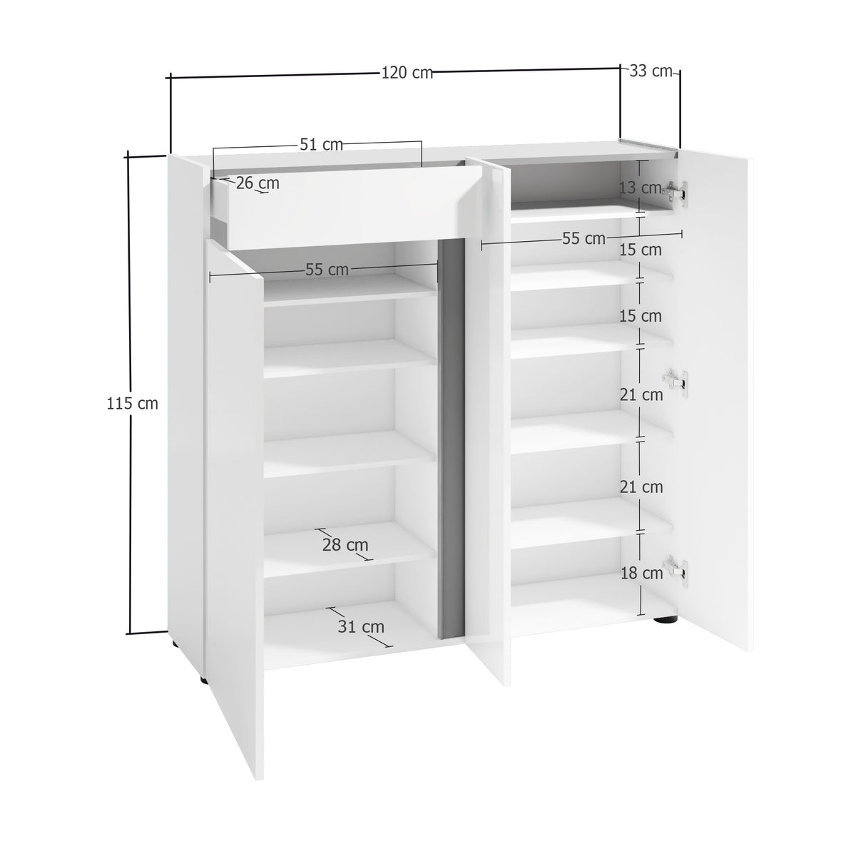Athens 3 Door 1 Drawer White Gloss and Anthracite 30 Pair Shoe Cabinet - FurniComp