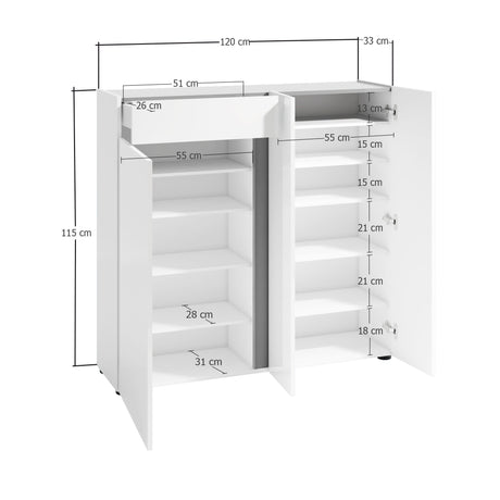 Athens 3 Door 1 Drawer White Gloss and Anthracite 30 Pair Shoe Cabinet - FurniComp