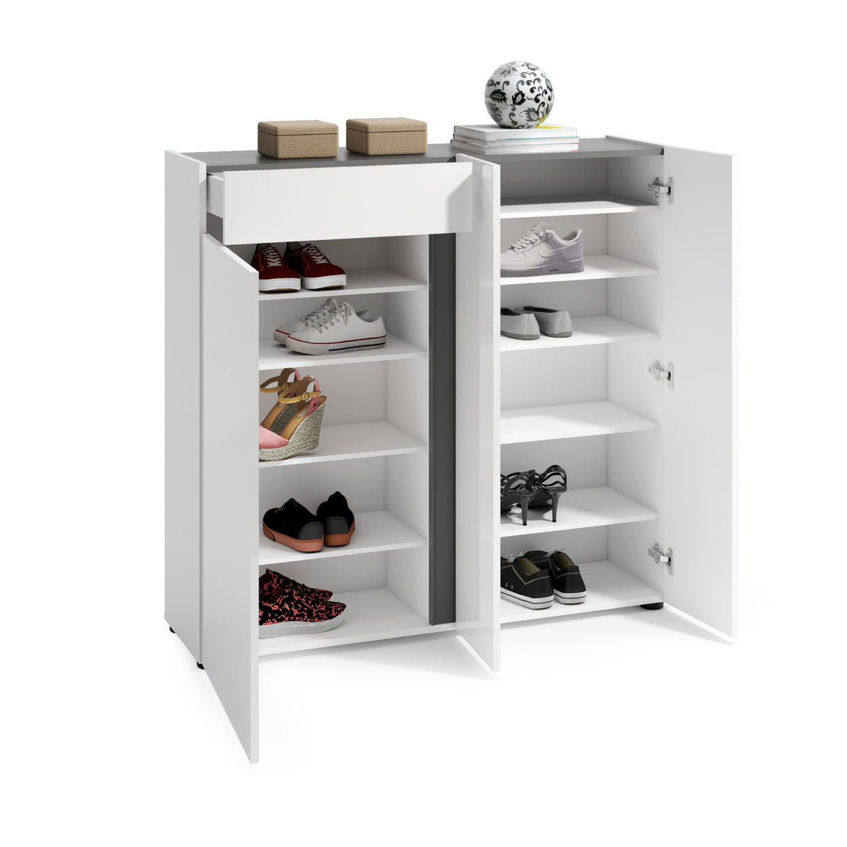 Athens 3 Door 1 Drawer White Gloss and Anthracite 30 Pair Shoe Cabinet - FurniComp