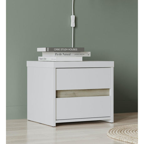 Avery 2 Drawer Matt White and Oak Bedside Table - FurniComp