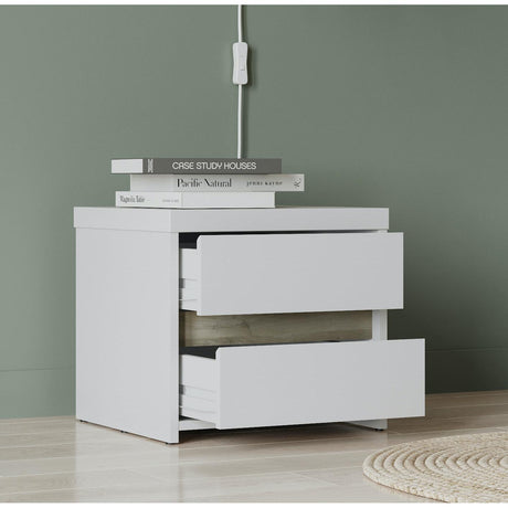 Avery 2 Drawer Matt White and Oak Bedside Table - FurniComp