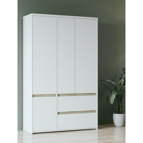 Avery 3 Door 2 Drawer 138cm Matt White and Oak Wardrobe - FurniComp