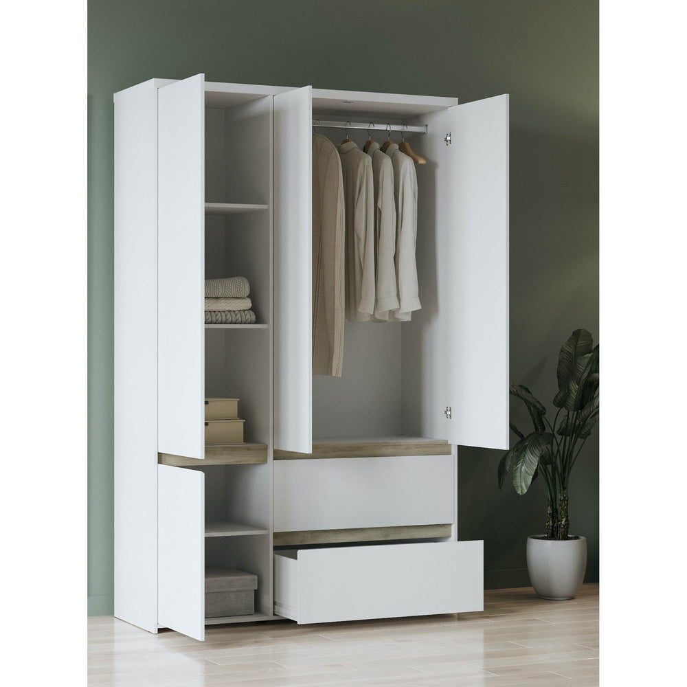 Avery 3 Door 2 Drawer 138cm Matt White and Oak Wardrobe - FurniComp