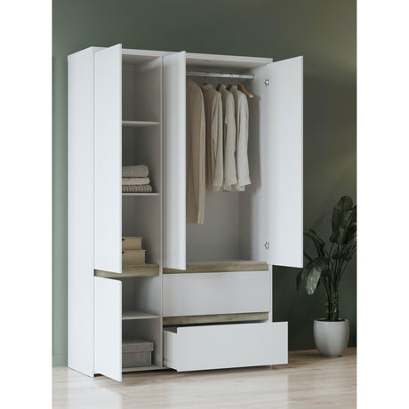Avery 3 Door 2 Drawer 138cm Matt White and Oak Wardrobe - FurniComp