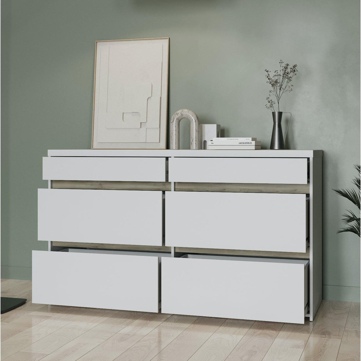 Avery 6 Drawer (3+3) Matt White and Oak Wide Chest of Drawers - FurniComp