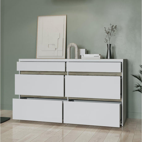 Avery 6 Drawer (3+3) Matt White and Oak Wide Chest of Drawers - FurniComp