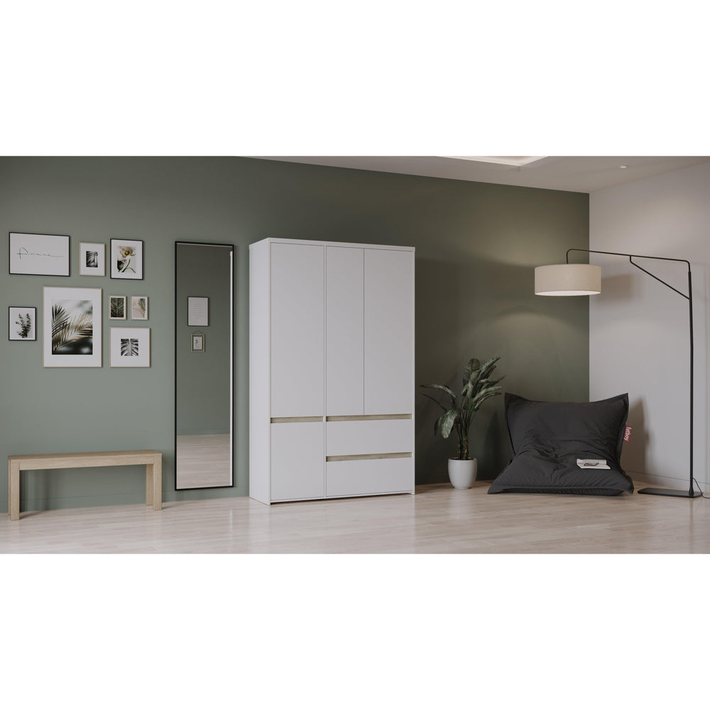 Avery 3 Door 2 Drawer 138cm Matt White and Oak Wardrobe - FurniComp