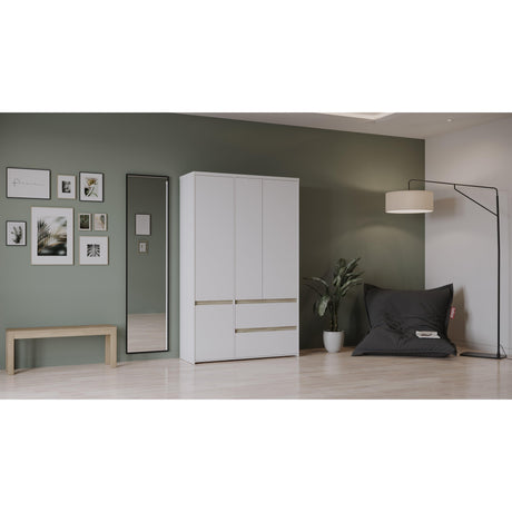 Avery 3 Door 2 Drawer 138cm Matt White and Oak Wardrobe - FurniComp