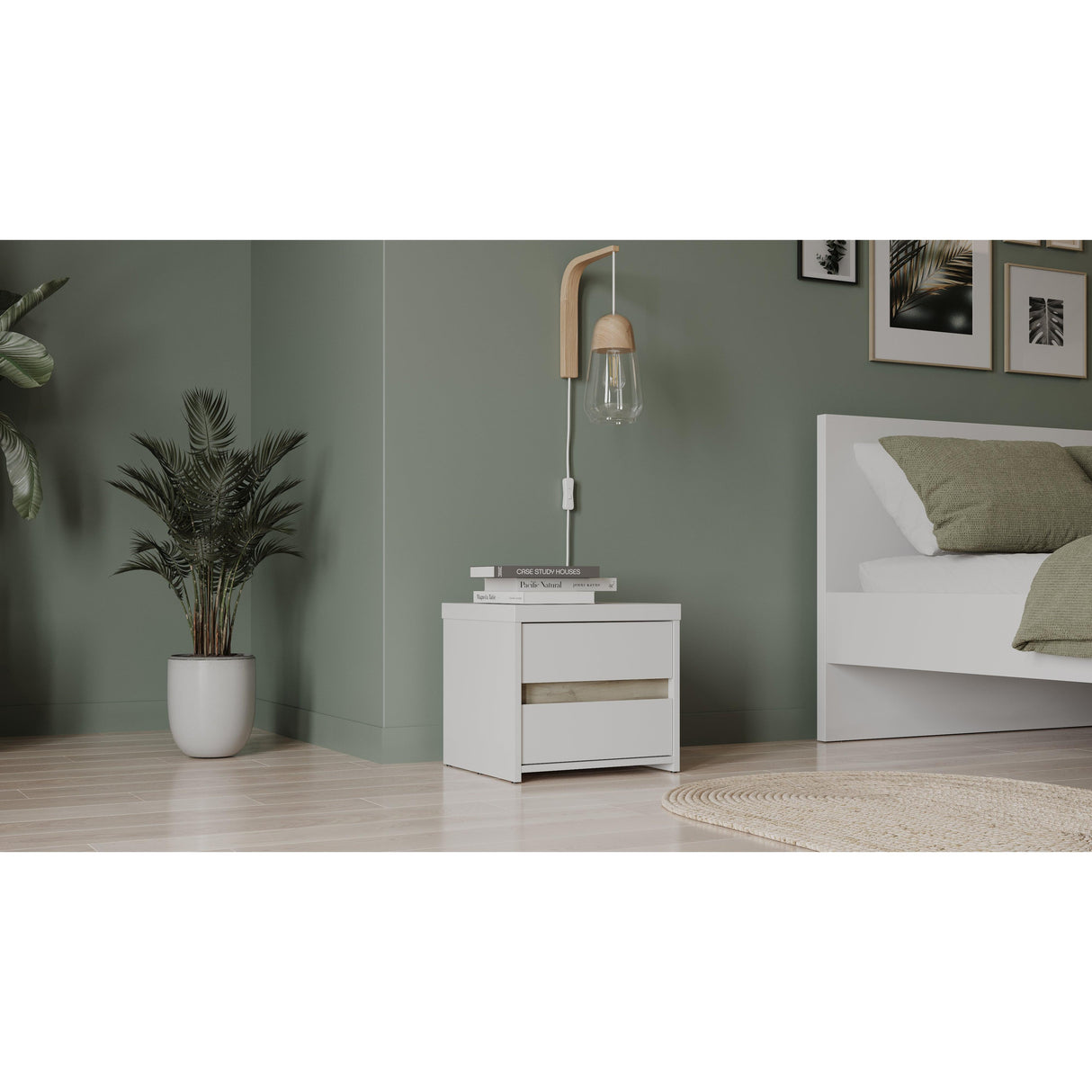 Avery 2 Drawer Matt White and Oak Bedside Table - FurniComp