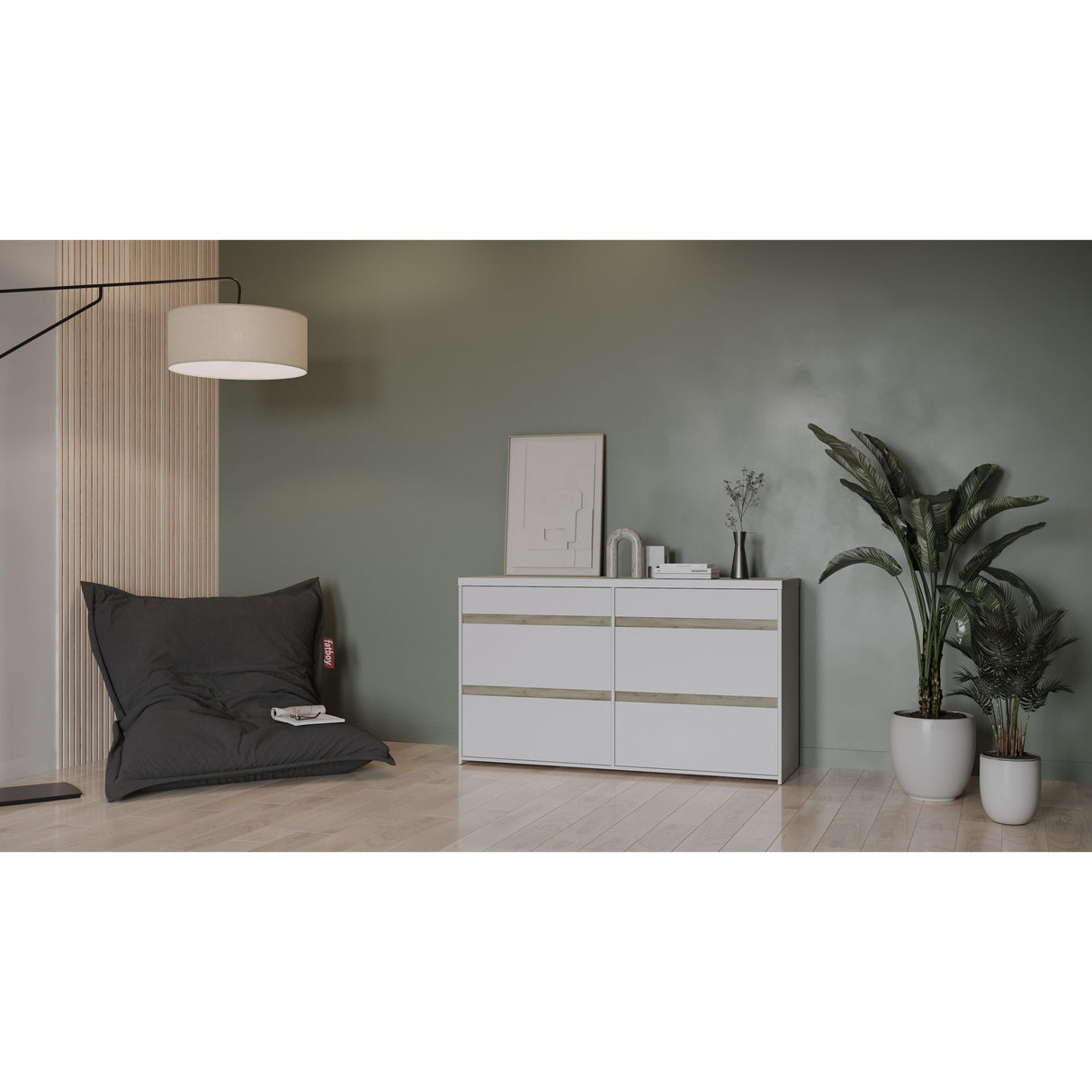 Avery 6 Drawer (3+3) Matt White and Oak Wide Chest of Drawers - FurniComp