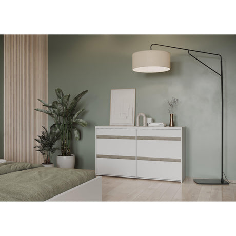 Avery 6 Drawer (3+3) Matt White and Oak Wide Chest of Drawers - FurniComp