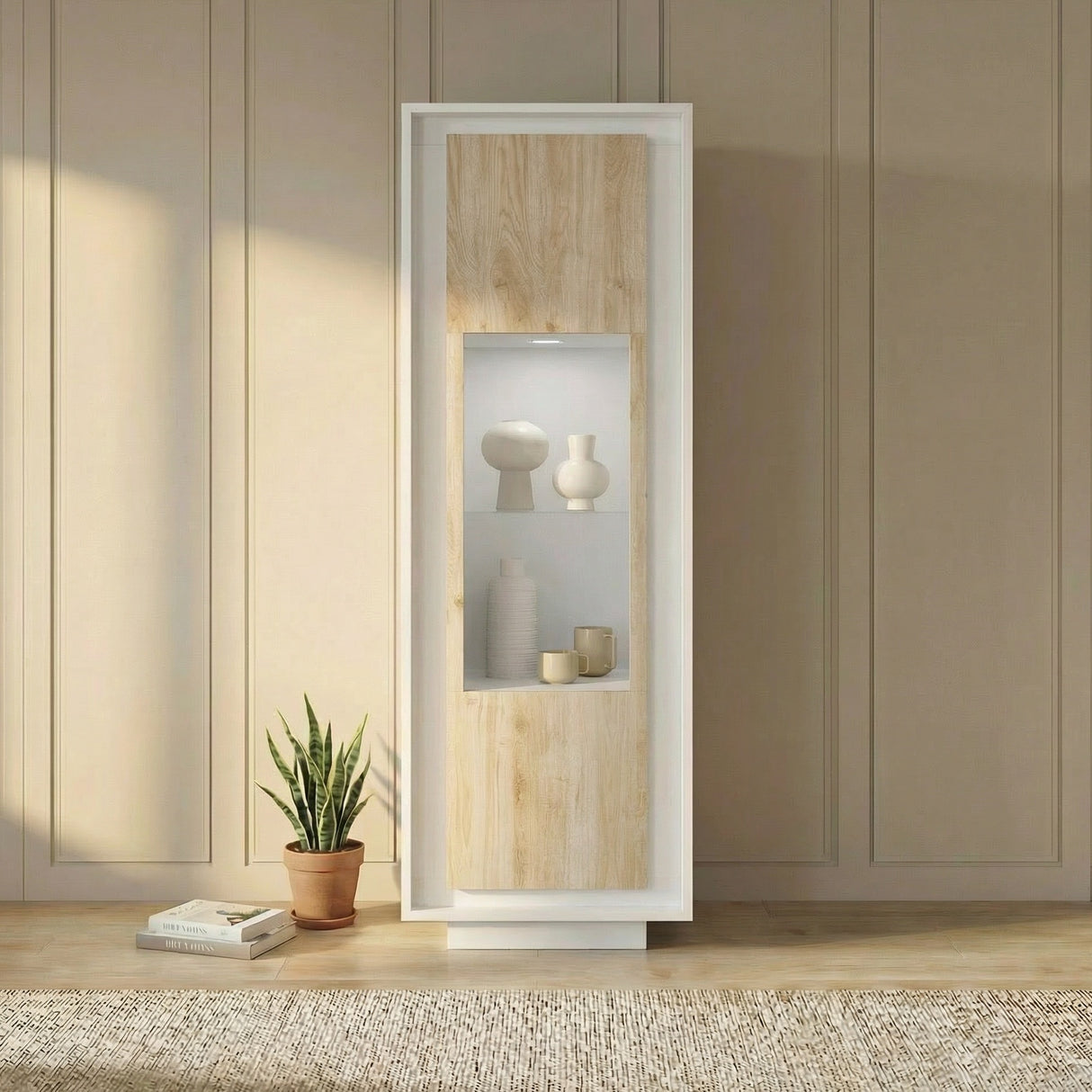 Berlin 1 Door 67cm Matt White and Cadiz Oak Glass Display Cabinet - FurniComp