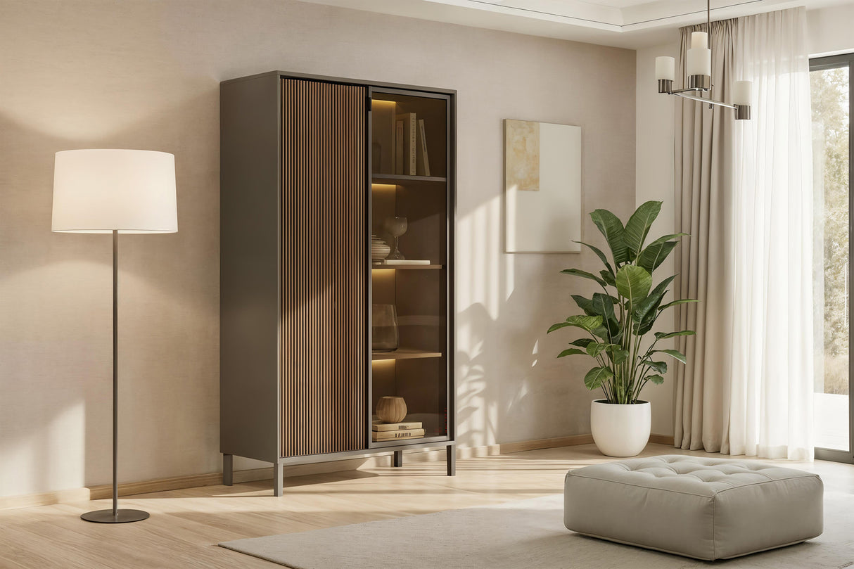 Bellagio 2 Door 100cm Glass Display Cabinet - Grey and Mercure Oak - FurniComp