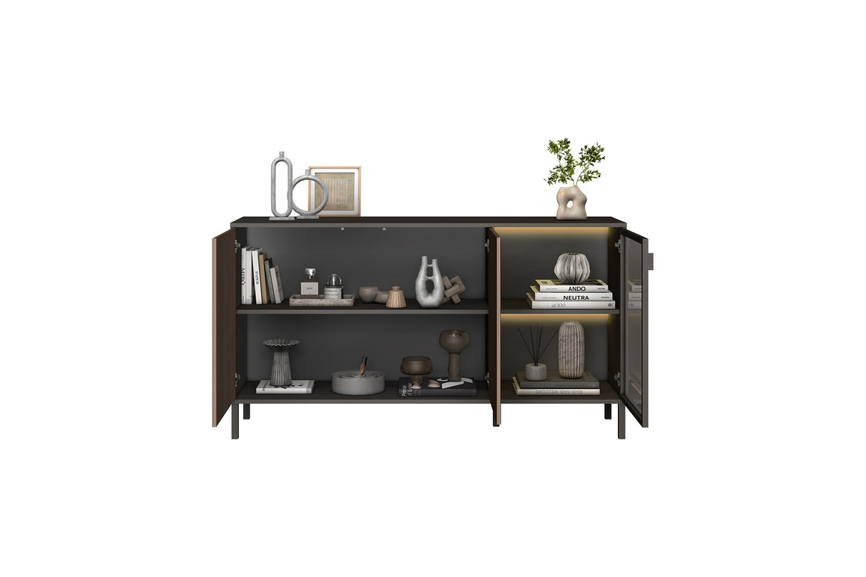 Bellagio 3 Door 150cm Ridged Sideboard with Glass Doors - Grey and Mercure Oak - FurniComp