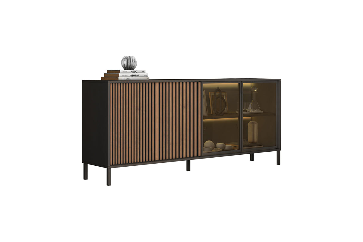 Bellagio 4 Door 200cm Ridged Sideboard with Glass Doors – Grey and Mercure Oak - FurniComp