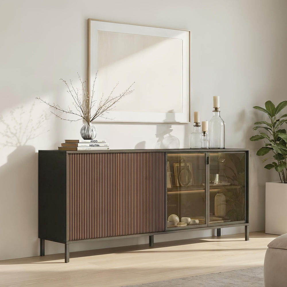 Bellagio 4 Door 200cm Ridged Sideboard with Glass Doors – Grey and Mercure Oak - FurniComp