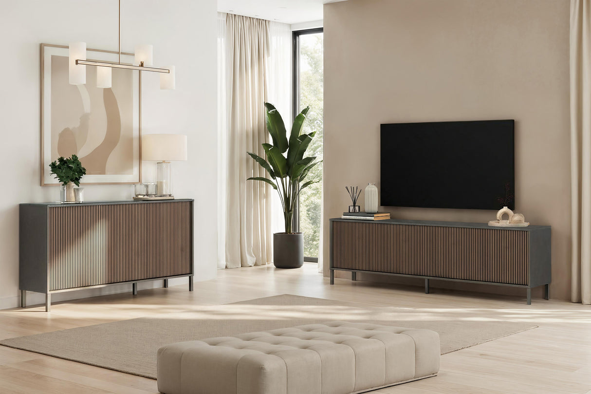Bellagio 4 Door 200cm Ridged TV Stand - Grey and Mercure Oak - FurniComp
