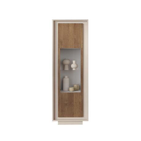 Berlin 1 Door 67cm Cashmere and Mercure Oak Glass Display Cabinet - FurniComp