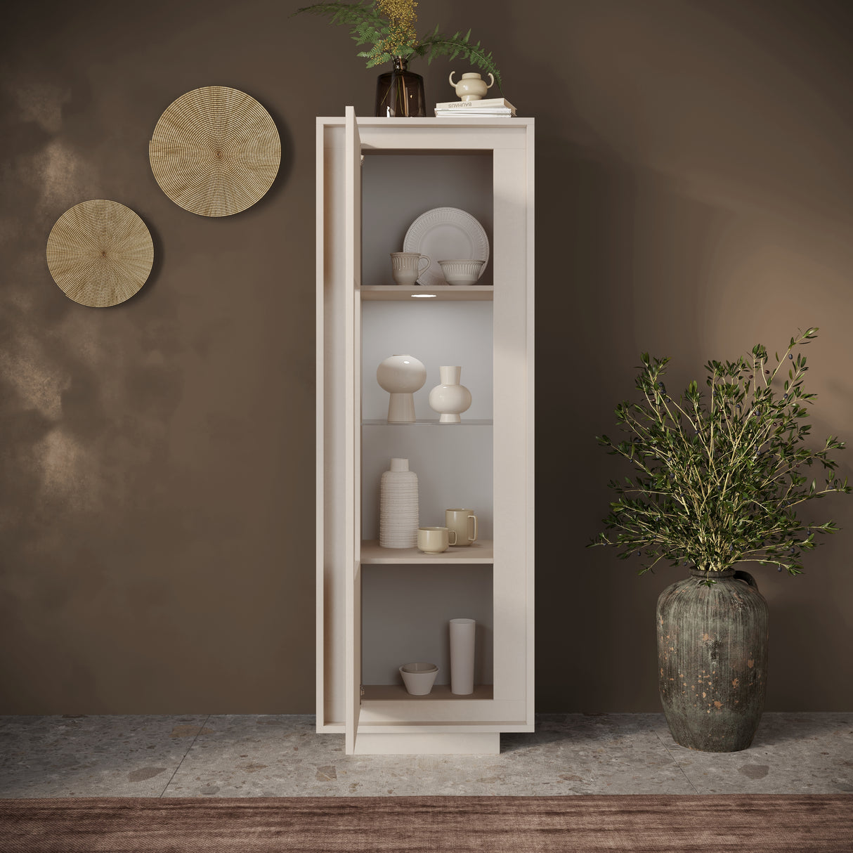 Berlin 1 Door 67cm Cashmere Glass Display Cabinet - FurniComp
