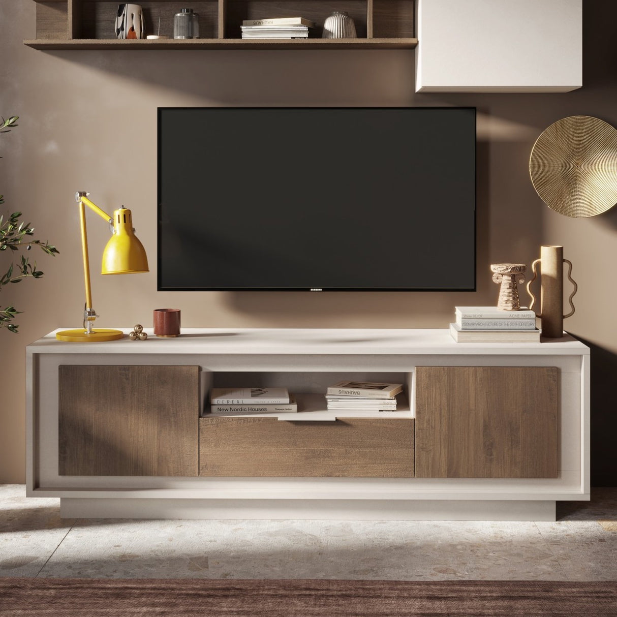 Berlin 2 Door 1 Drawer 180cm Cashmere and Mercure Oak TV Stand - FurniComp