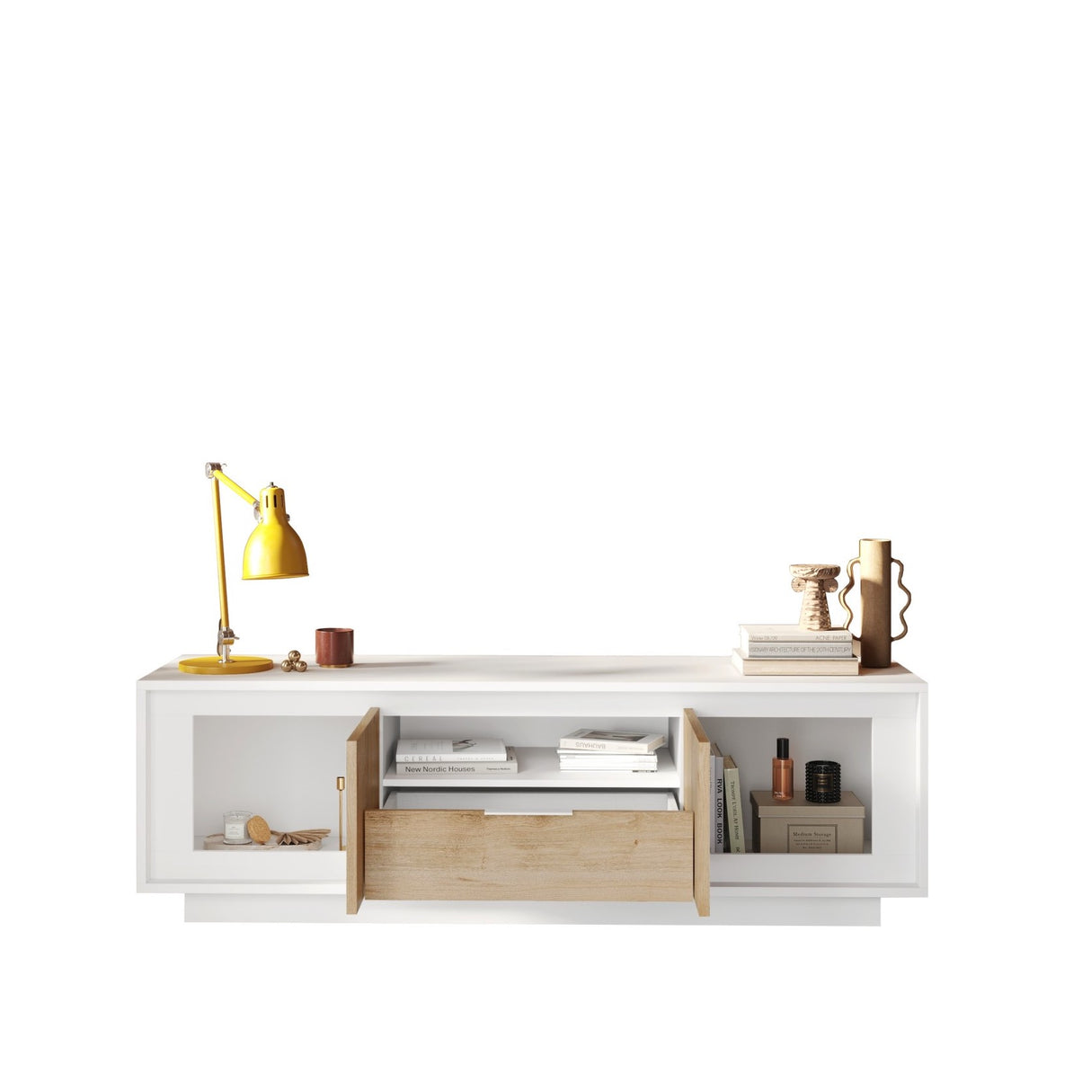 Berlin 2 Door 1 Drawer 180cm Matt White and Cadiz Oak Oak TV Stand - FurniComp