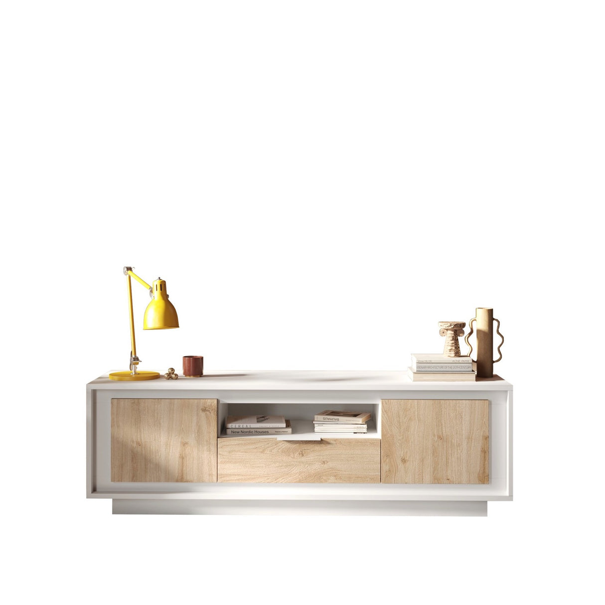Berlin 2 Door 1 Drawer 180cm Matt White and Cadiz Oak Oak TV Stand - FurniComp