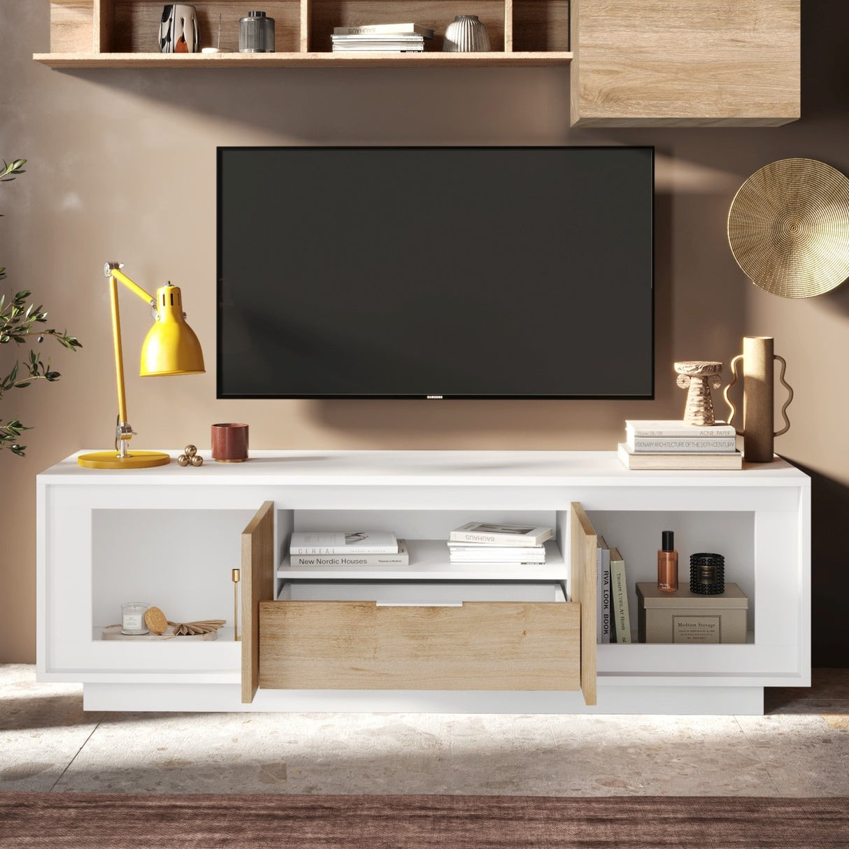 Berlin 2 Door 1 Drawer 180cm Matt White and Cadiz Oak Oak TV Stand - FurniComp
