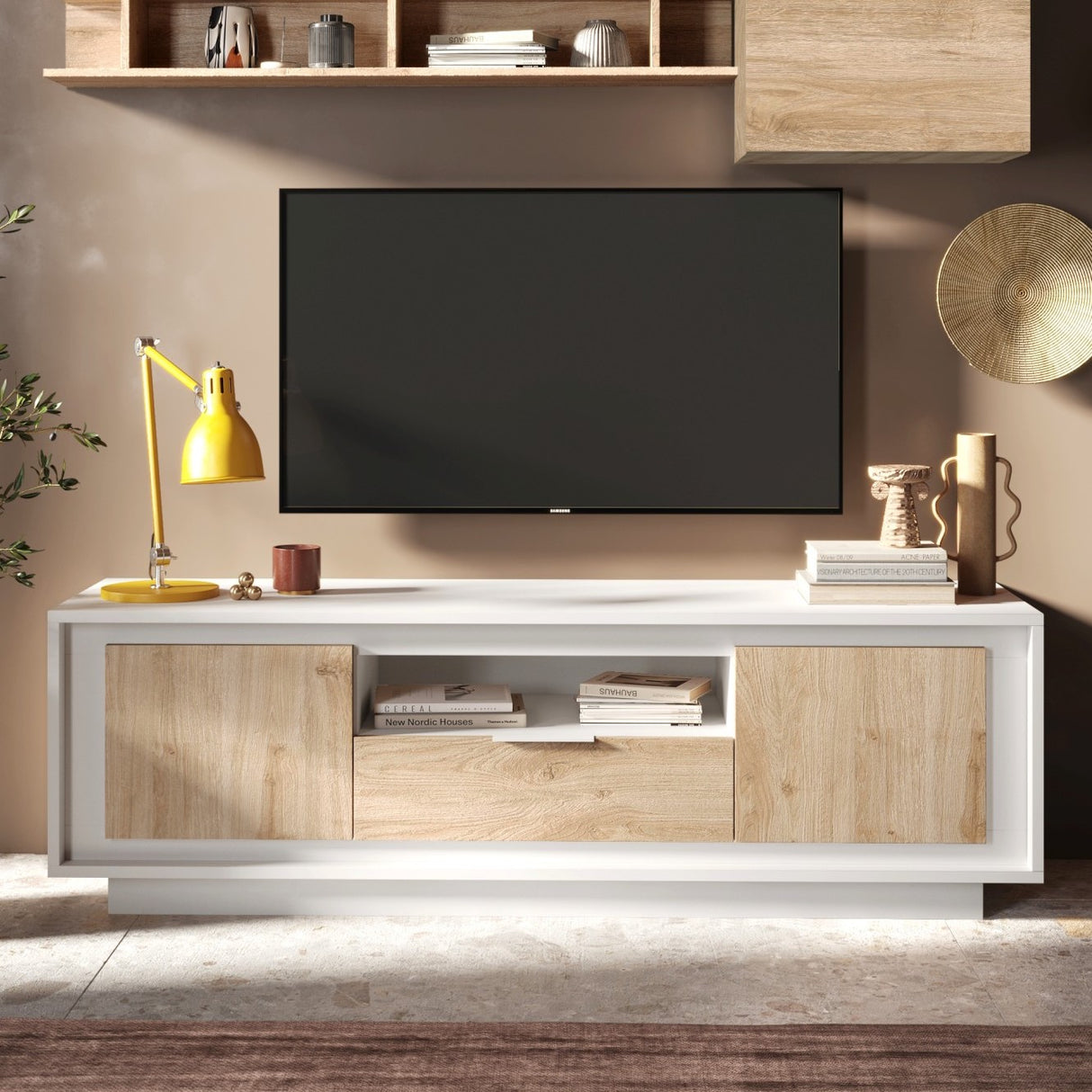 Berlin 2 Door 1 Drawer 180cm Matt White and Cadiz Oak Oak TV Stand - FurniComp