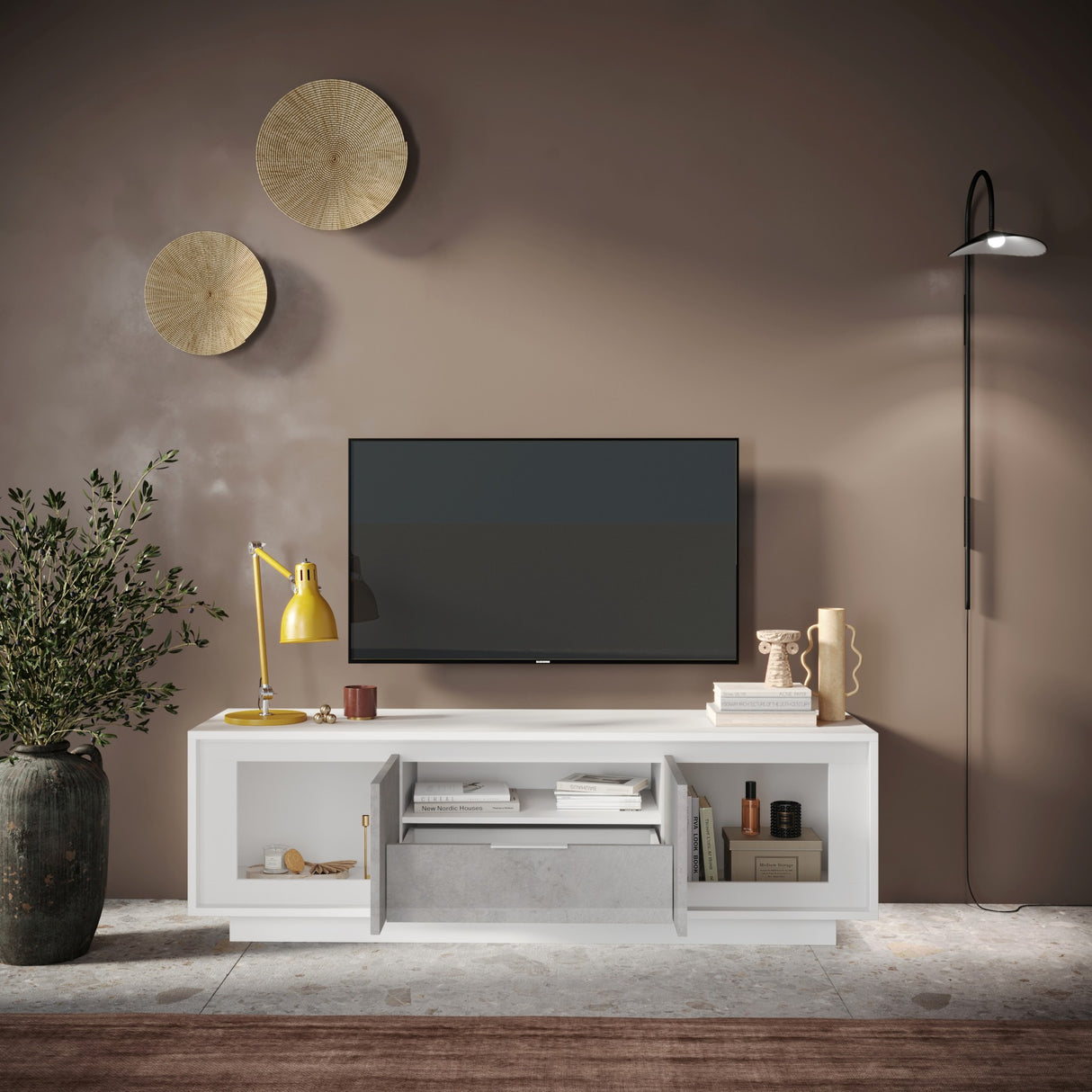 Berlin 2 Door 1 Drawer 180cm Matt White and Concrete Grey TV Stand - FurniComp