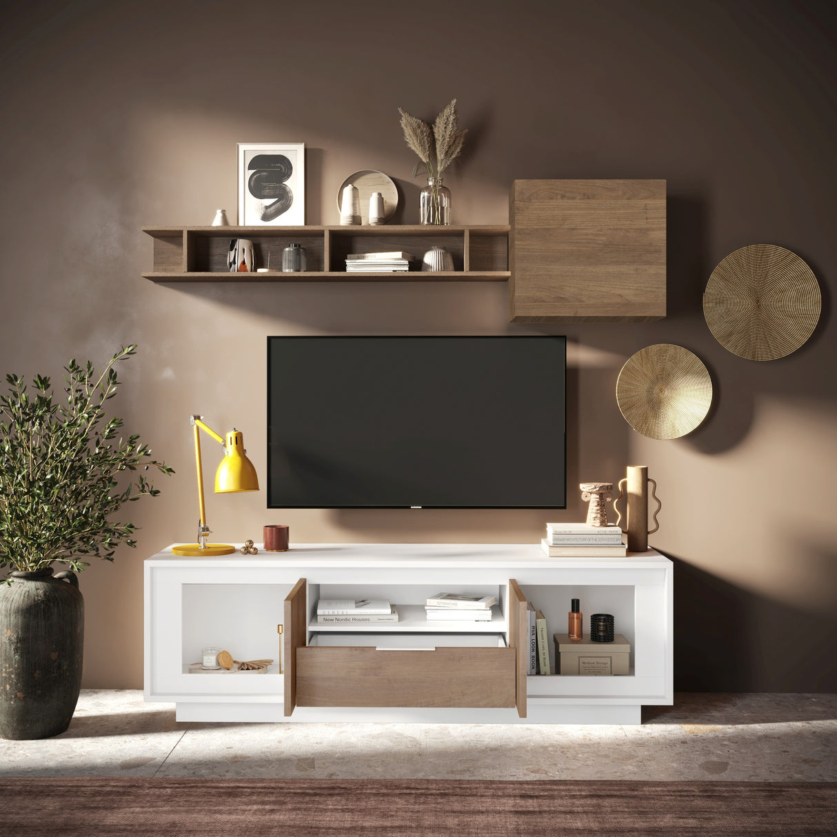 Berlin 2 Door 1 Drawer 180cm Matt White and Mercure Oak Oak TV Stand - FurniComp