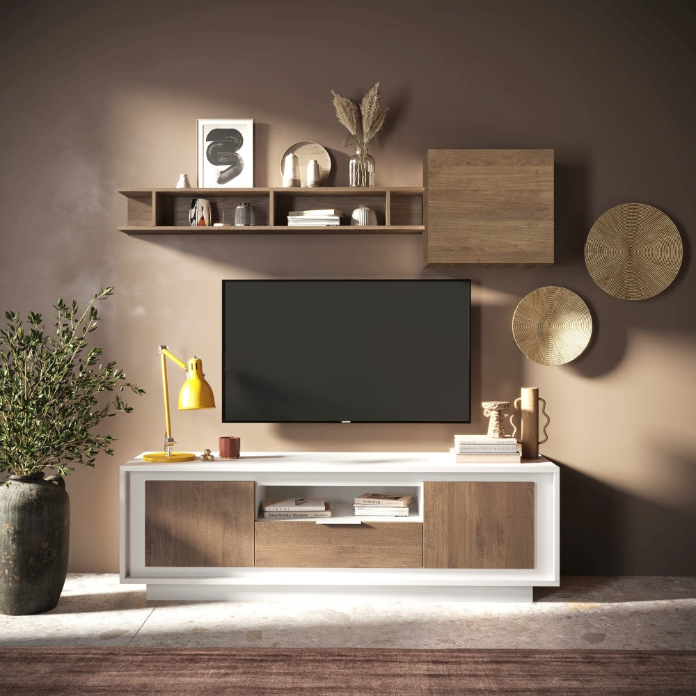 Berlin 2 Door 1 Drawer 180cm Matt White and Mercure Oak Oak TV Stand - FurniComp