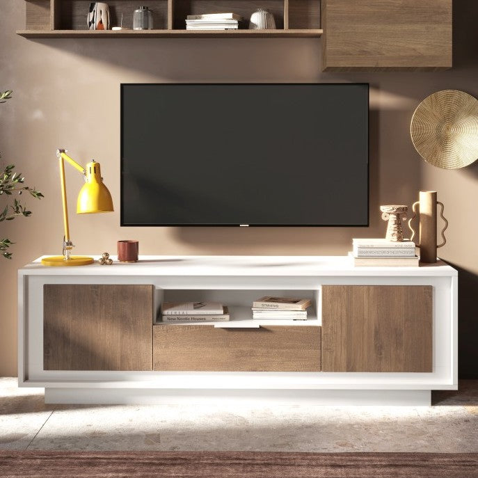 Berlin 2 Door 1 Drawer 180cm Matt White and Mercure Oak Oak TV Stand - FurniComp