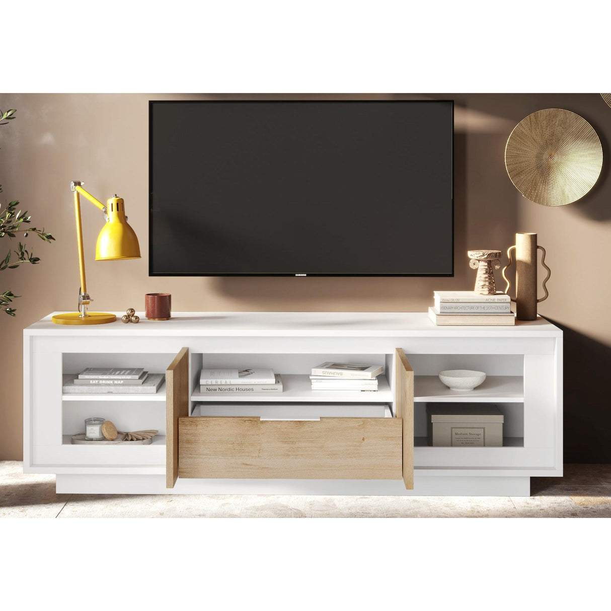 Berlin 2 Door 1 Drawer 180cm Matt White and Cadiz Oak Oak TV Stand - FurniComp