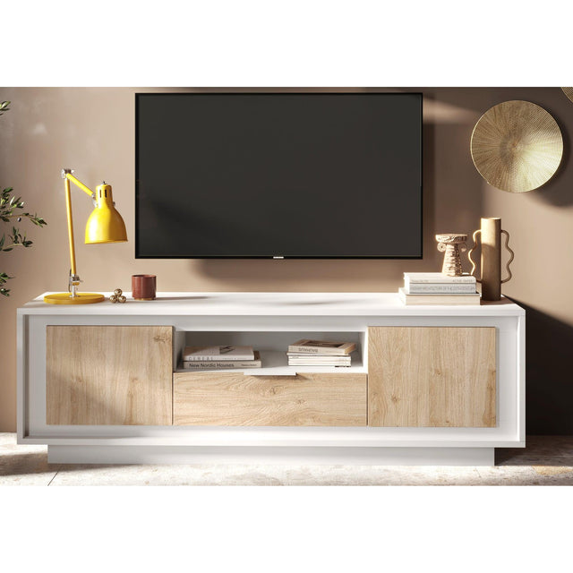 Berlin 2 Door 1 Drawer 180cm Matt White and Cadiz Oak Oak TV Stand - FurniComp