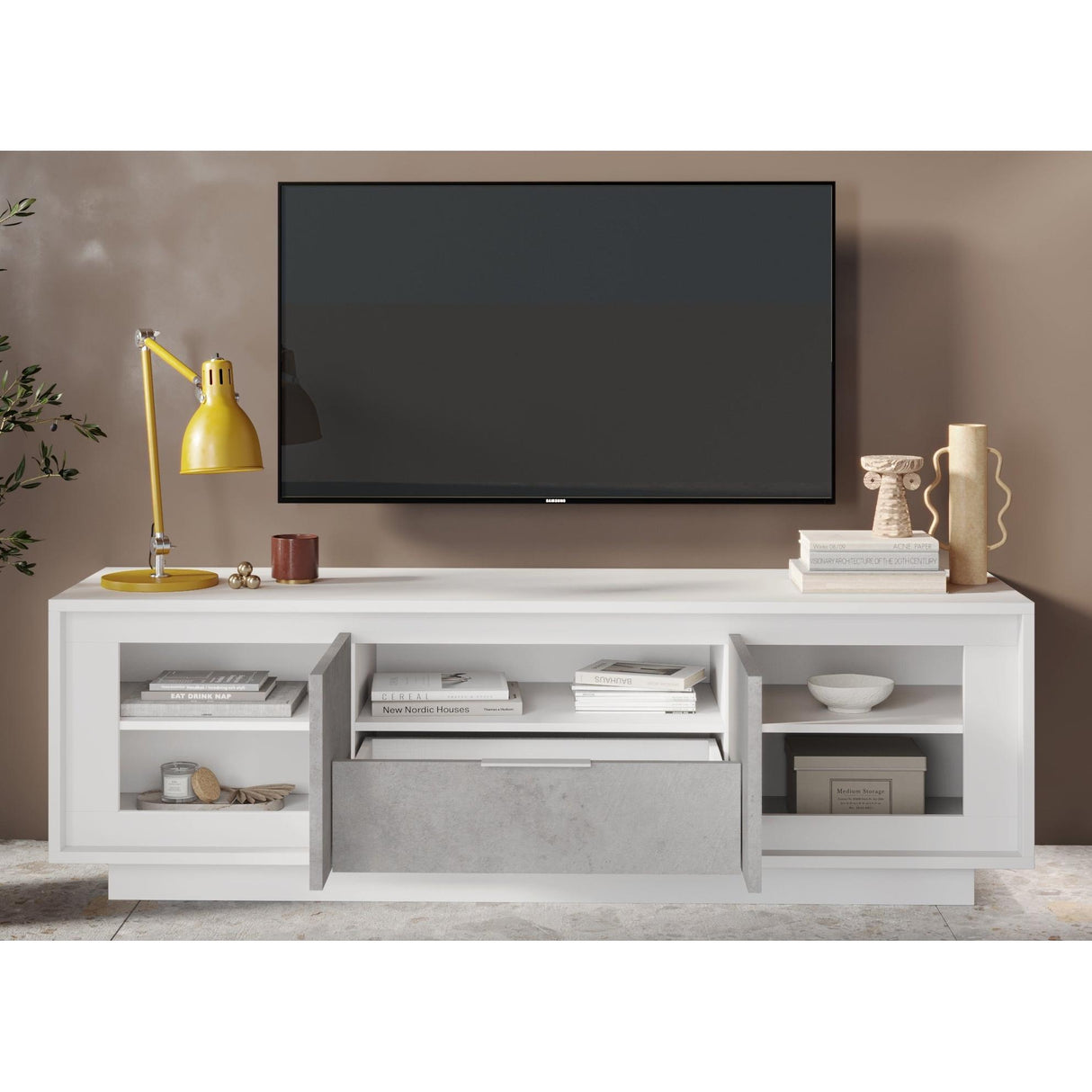 Berlin 2 Door 1 Drawer 180cm Matt White and Concrete Grey TV Stand - FurniComp