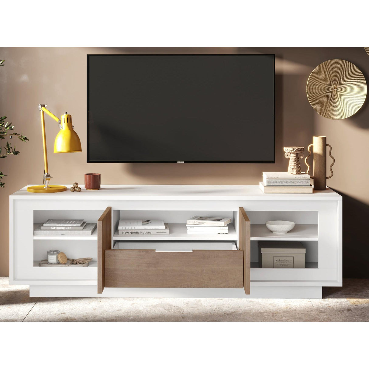 Berlin 2 Door 1 Drawer 180cm Matt White and Mercure Oak Oak TV Stand - FurniComp
