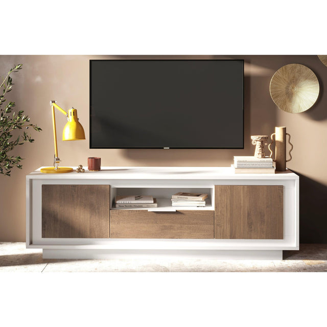 Berlin 2 Door 1 Drawer 180cm Matt White and Mercure Oak Oak TV Stand - FurniComp